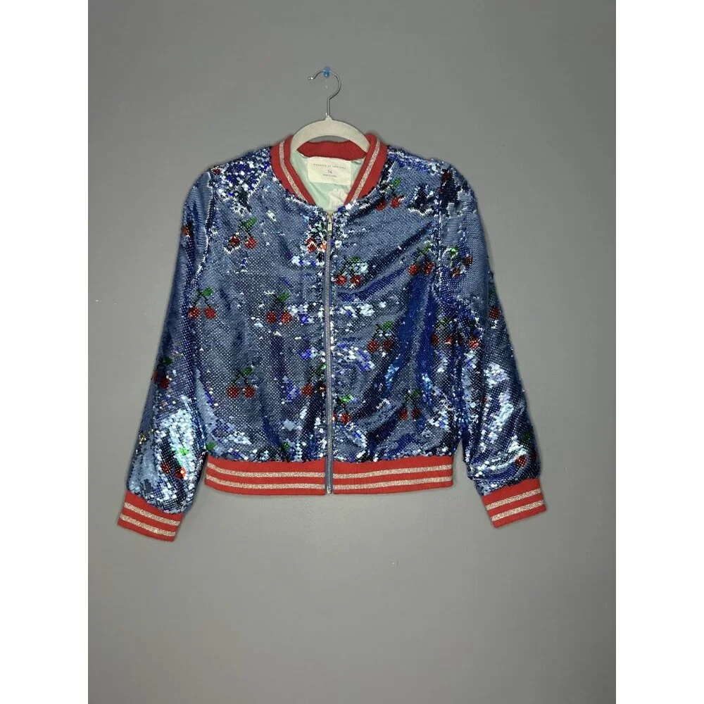Rockets of Awesome Sequin Bomber Jacket Girls Large (14) Cherry Full Zip Sparkle